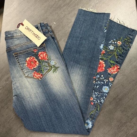 Driftwood Jackie Red Floral Embroidered High Rise Jeans - Picture 1 of 3